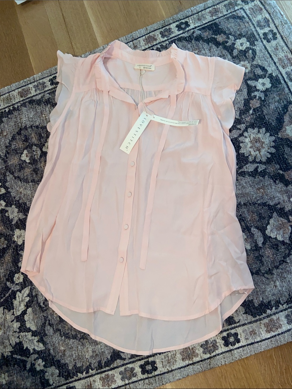 Lovestitch Flutter Sleeve Blouse Cloth Covered Buttons Top Ribbon Bow Pleats